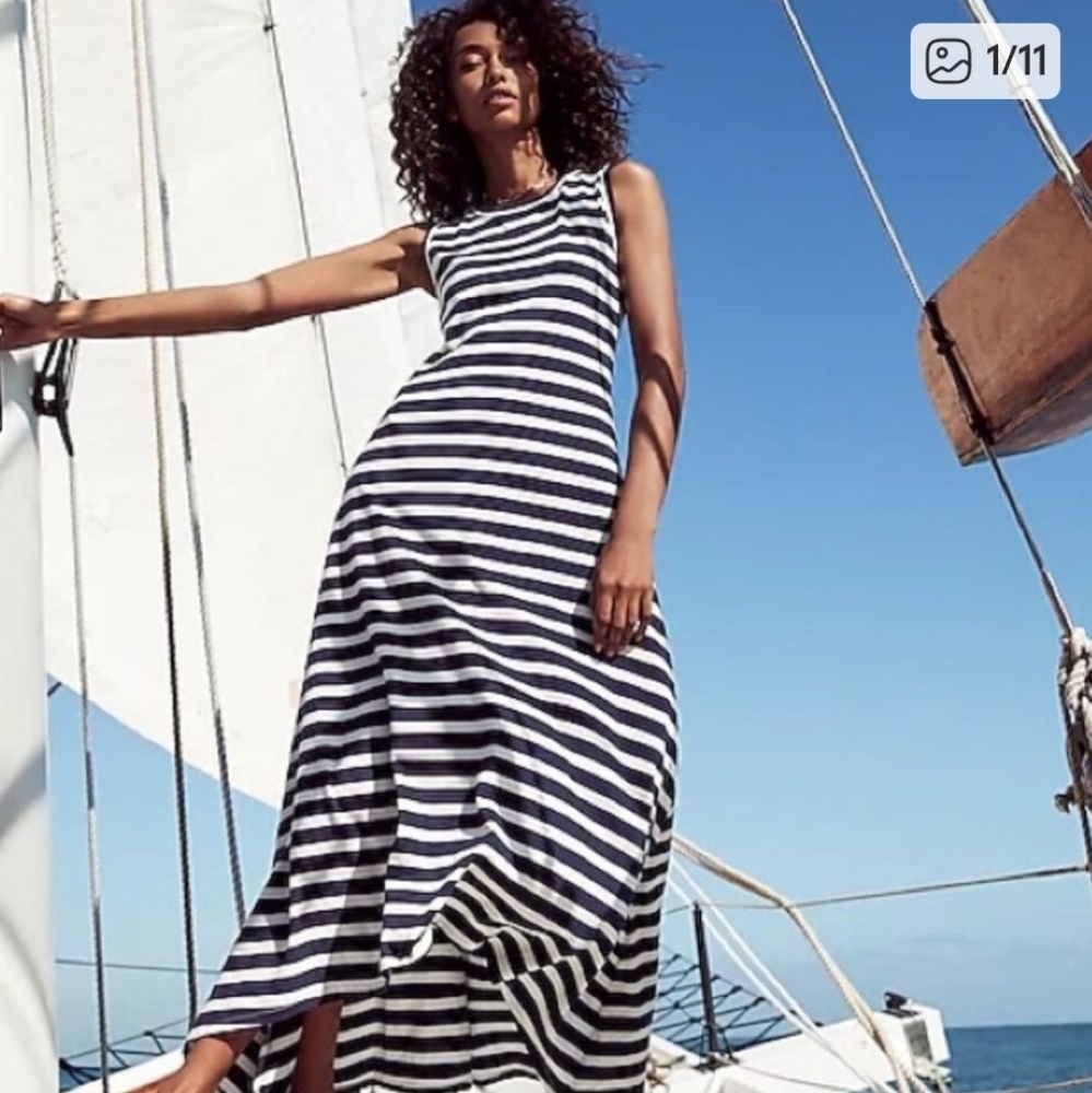 J. Crew Navy and White Striped Maxi Dress Britton Nautical Sleeveless